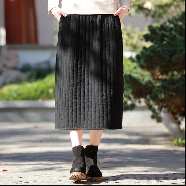 

vintage cotton linen elastic mid women skirt waist solid color winter spring loose 3 colors bud, Black