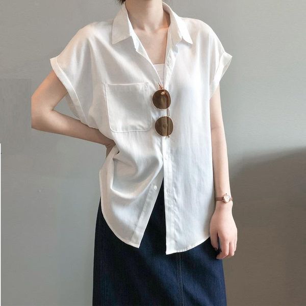 

women's blouses & shirts drop shoulder white shirt women leisure chic short sleeve blouse 2021 office summer korean lapel loose blusas