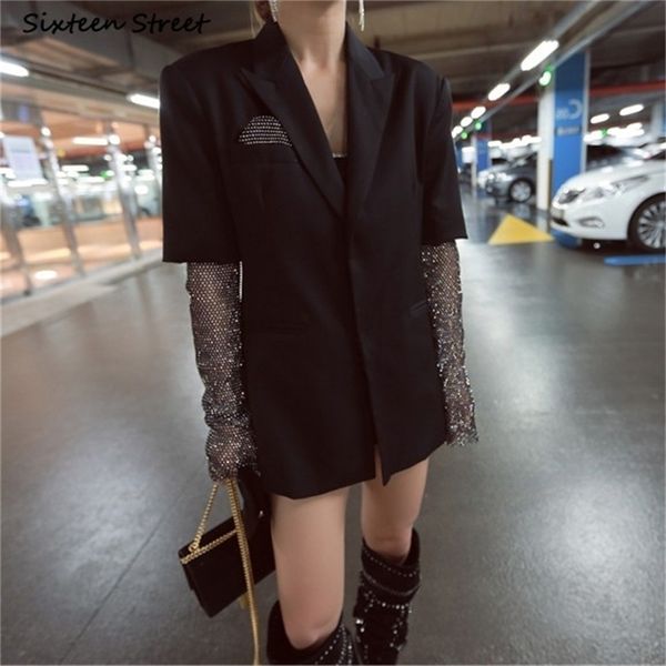 Giacca blazer da donna Manica con diamanti Bling Autunno Inverno Colletto con tacca Streetwear Cappotto nero Moda casual femminile 210603