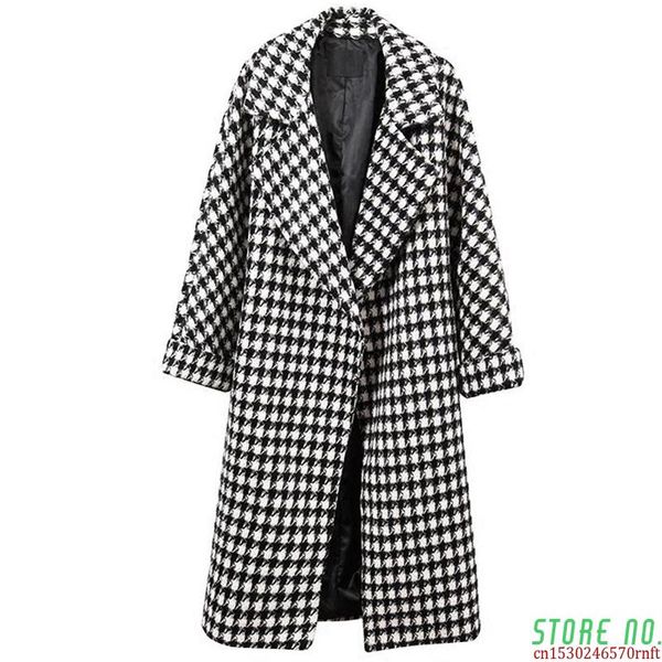 

women's wool & blends plaid winter coat women thick warm black white casual long turn-down collar loose soft 2021