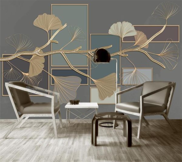 

customized 3d wallpaper chinese style ginkgo leaf geometric golden embossed line background wall living room bedroom mural wallpapers