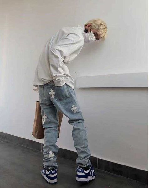

ch hole men's and women's jeans leggings crosin trousers slim fit youth leisure waist pants, Blue