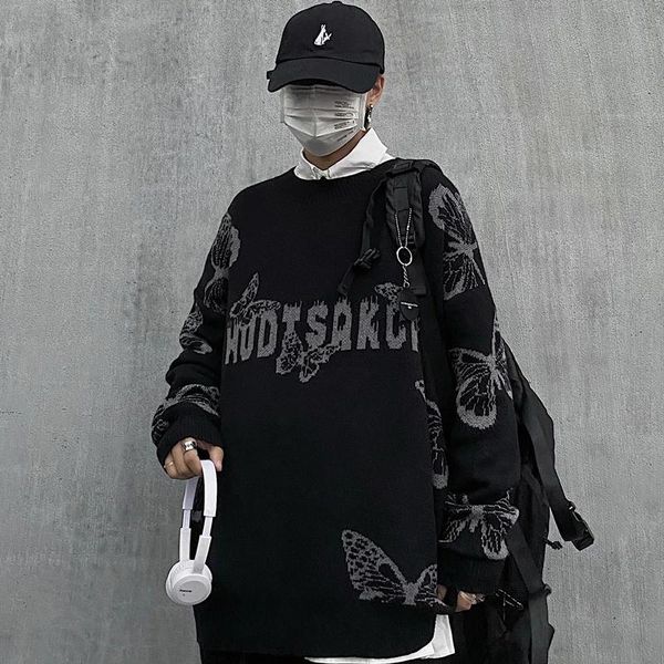 

men's sweaters harajuku gothic black sweater men women butterfly jacquard oversized knitted 2021 autumn korean fashion loose, White;black