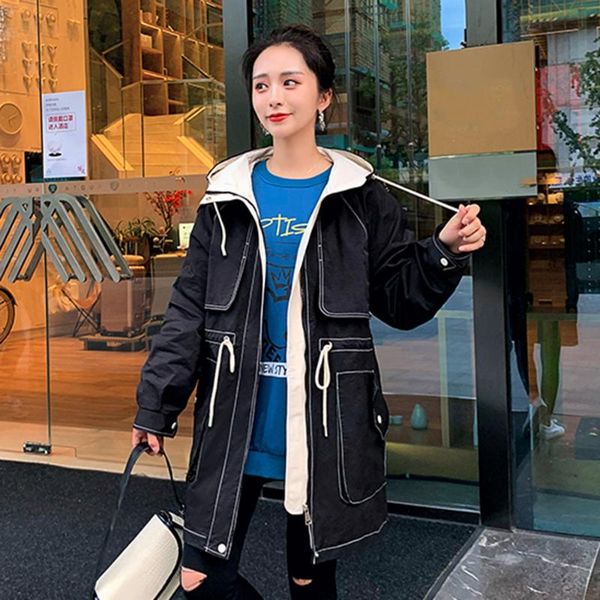 

women's trench coats fashion womens hooded coat 2021 autumn winter pocket long sleeve zipper casual simplicity women windbreaker jacket, Tan;black