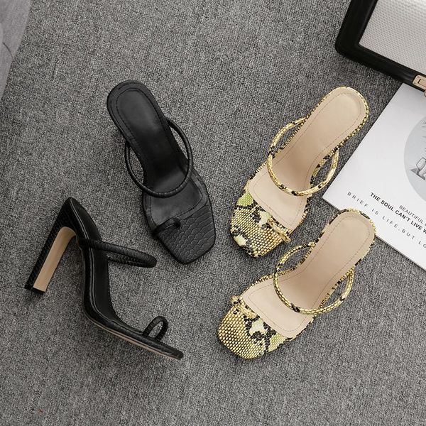 

slippers 2021 high casual female shoes snakeskin slides rubber flip flops low women heels square toe luxury, Black