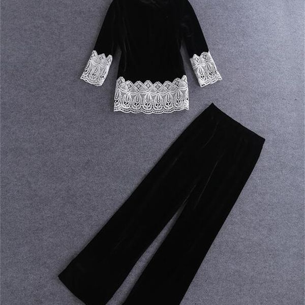 

women's two piece pants european and american spring summer catwalk show with velvet stitching embroidered + trouser suit jp0h, White