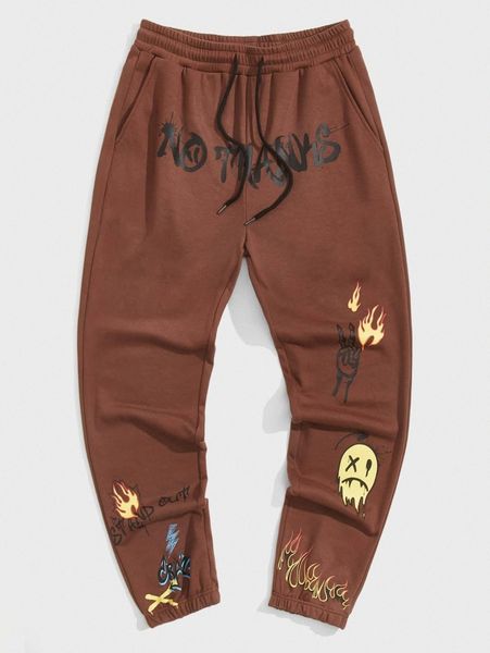 

men slogan & fire print sweatpants j3yo#, Black