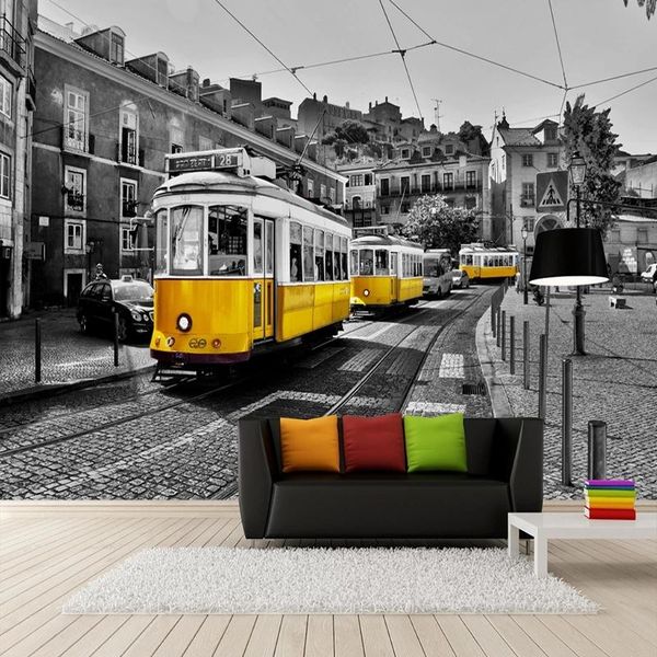 

wallpapers custom 3d mural retro european street yellow streetcar black white city building wallpaper cafe restaurant decor waterproof