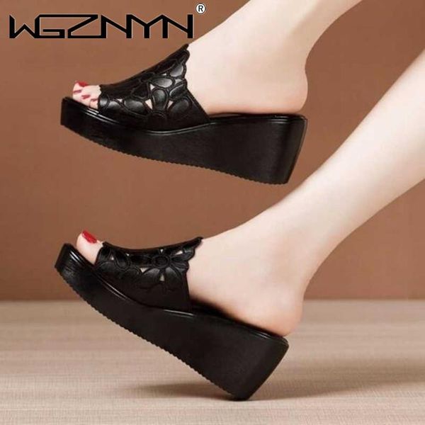 

slippers summer women slides shoes wedge platform floor beach slope flops fashion slip on flats casual shoe, Black