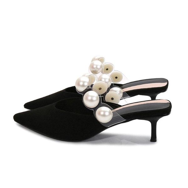 

slippers 2021 europe black pearl slides stiletto heels pointed mules shoes wear baotou
