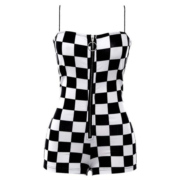 

women's jumpsuits & rompers europe and the united states 2021 plaid sling single row zipper boxer jumpsuit, Black;white