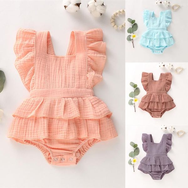

rompers summer born baby girl dress bodysuit ruffle sleeve cotton linen princess solid infant clothes 0-24 months, Blue