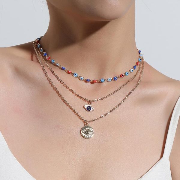 

chains multi-layer devil's eye pendant necklace for women fashion exaggerated trend bead chain choker clavicle, Silver