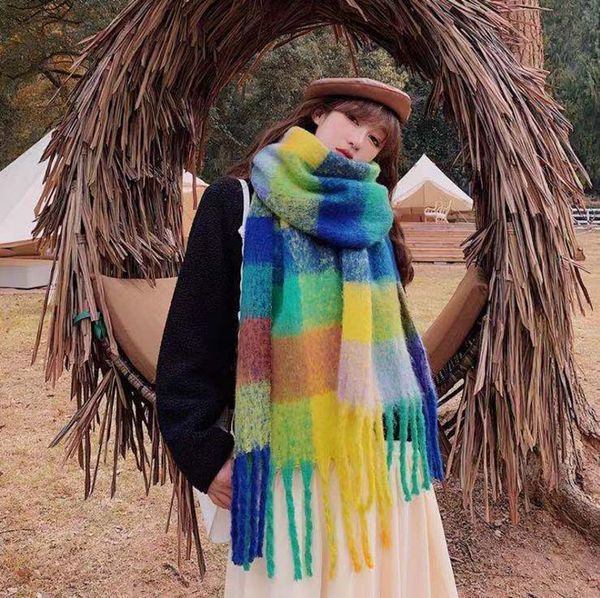 

cute female scarves autumn and winter classic circle yarn color matching wild british plaid oversized shawl 2021, Blue;gray