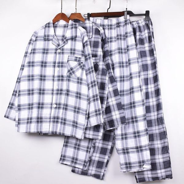 

men's sleepwear double-layer yarn pajamas 100% cotton simple home service plaid suit men, Black;brown
