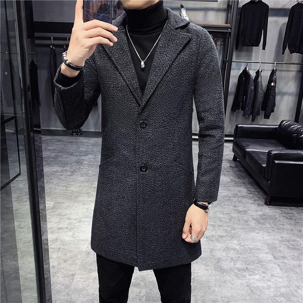 

men's wool & blends winter blended business casual windbreaker long jacket slim thickened warm s-5xl size, Black