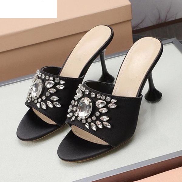 

sandals summer cup high heel rhinestone slippers women silk satin peep toe crystal party dress shoes lazyman slides 2021 4dq2, Black