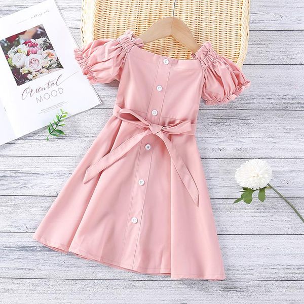 

1-6y summer fashion kids girls solid dress casual short sleeve single-breasted a-line sundress children party clothing girl's dresses, Red;yellow