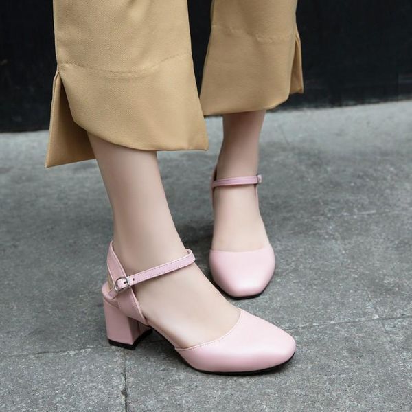 

dress shoes plus size ladies high heels women woman pumps square-headed buckled thick-heeled women's, Black