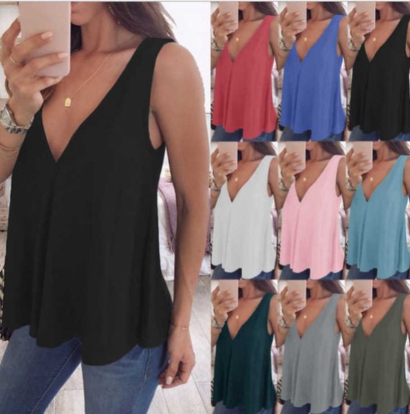 

chiffon deep v loose solid color sleeveless t-shirt women's summer, Black;white