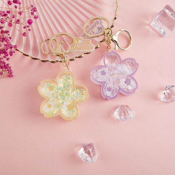 

keychains cherry blossoms moving liquid keychain creative quicksand snowflake bag pendant car keys accessories lovers gift, Silver