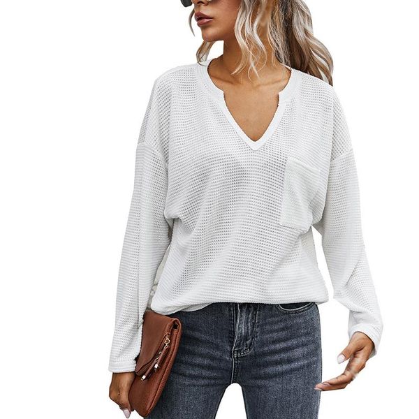 

women's t-shirt solid v neck fall oversized sweater women long sleeve loose autumn winter clothes, White