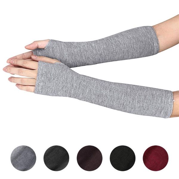 

five fingers gloves 1pair soft stretchy wrist arm hand warmer knitted mittens women winter long fingerless black grey coffee wine red color, Blue;gray