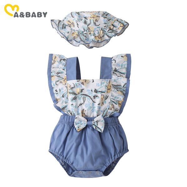 

3-24m summer born infant baby girl flower romper ruffles bow jumpsuit playsuit + hat outfits costumes 210515, Blue