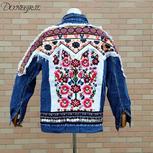 

women's jackets 2021 national style flower embroidery beaded sequins long-sleeved denim jacket female travel holiday, Black;brown