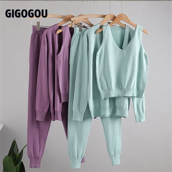 

gigogou 3 pcs knitted suits long sleeve jacket cardigan sweater tank pant fashion solid costume set casual tracksuits 211022, White