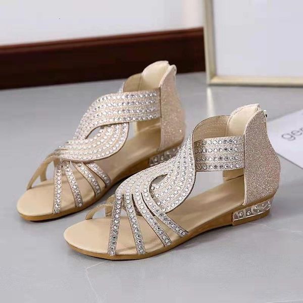 

sandals 2021 women's summer golden zipper sandal open toe gladiator hollow low heel bling wedges pumps ladies' shoes 809q, Black