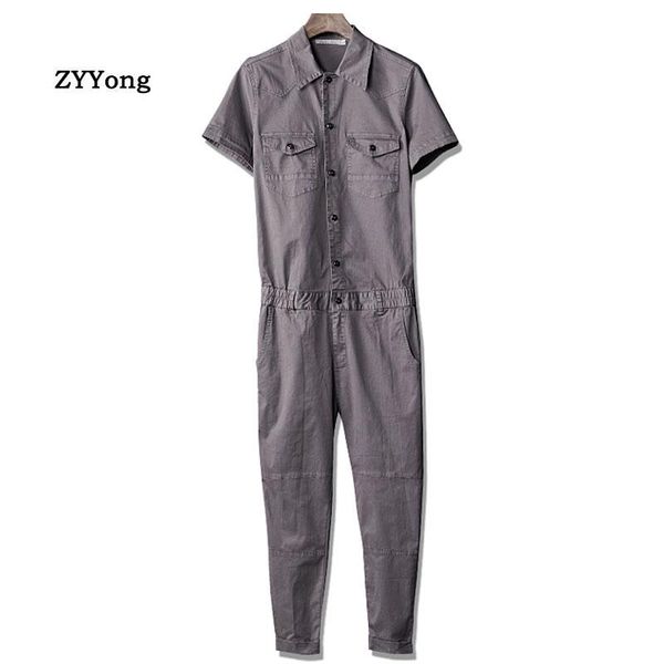 

men's pants summer ankle length short sleeve jumpsuits bib overalls blue grey retro leisure fashion slim freight trousers, Black
