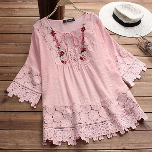 

women's blouses & shirts 2021 summer lace crochet blouse women patchwork up chemise hollow blusas tunic casual tee, White