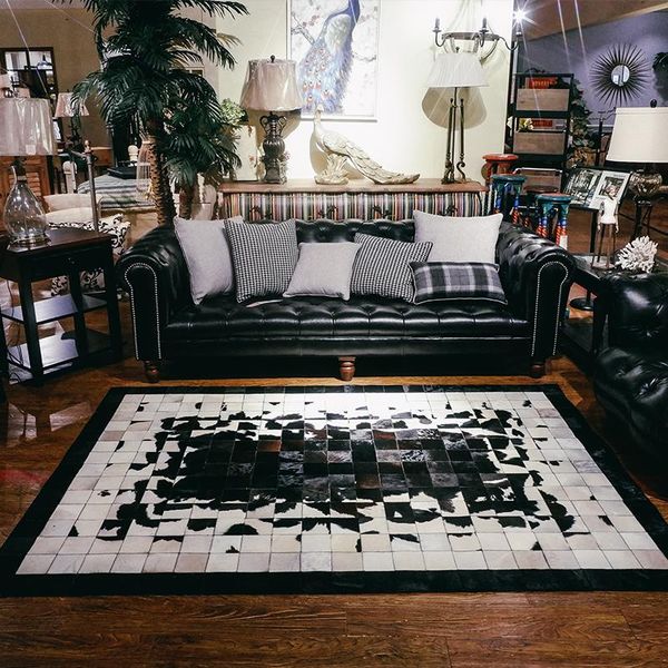 

luxury cowhide seamed square carpet black and white natural cow skin fur for living room decoration office rug carpets