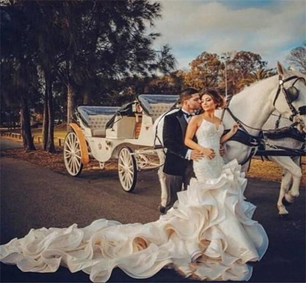 

vintage v-neck lace mermaid wedding dress applique cascading ruffles ruched tulle formal party gowns sleeveless zipper vestido de novia, White