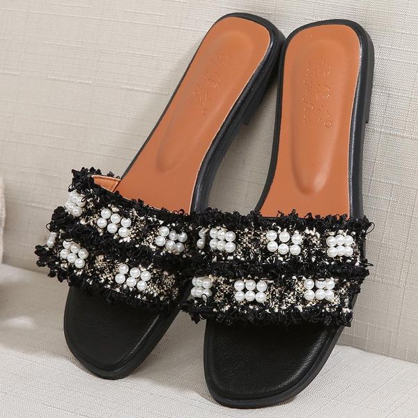 

slippers womens band sandals 2021 summer outdoor fashion bow-knot beach casual flat shoes 9 beading, Black