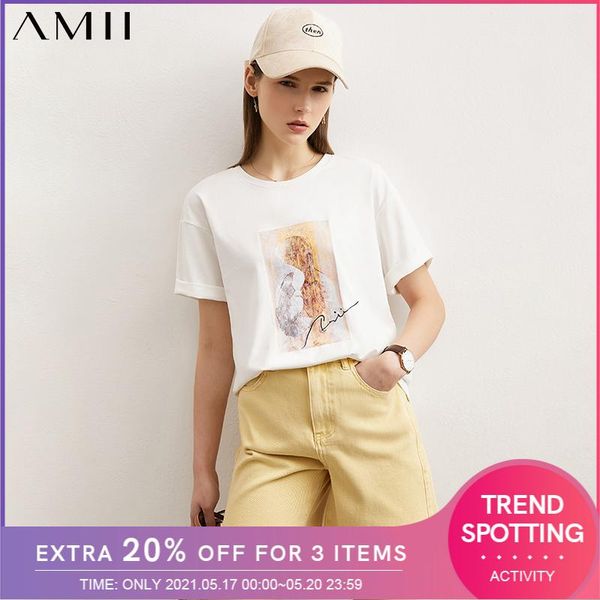 

women's t-shirt amii minimalism summer tshirt offical lady 100%cotton oneck foral printed loose vintage 12140427, White
