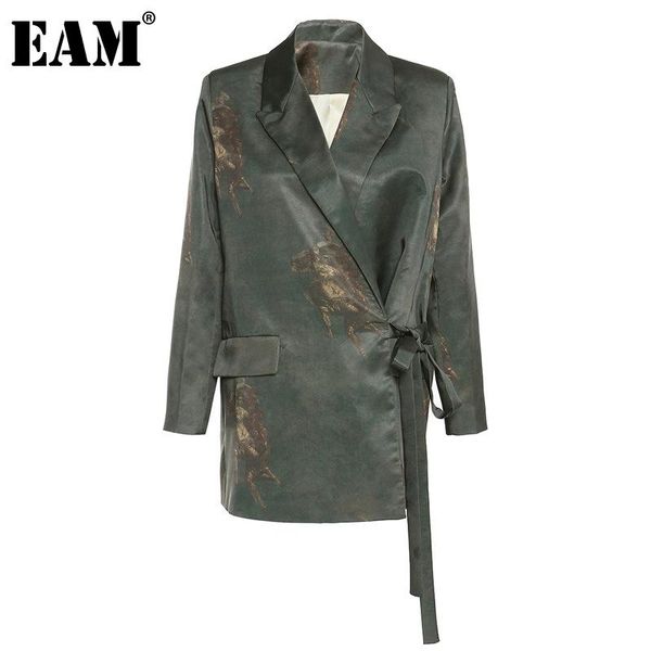 

[eam] women green pattern bandage big size blazer lapel long sleeve loose fit jacket fashion spring autumn 2021 1dd0021 women's suits &, White;black