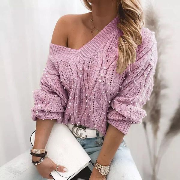 

women's sweaters women sweater with faux pearls solid color pullovers long sleeve v-neck knitted pullover for spring autumn, White;black