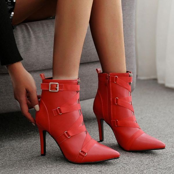 

boots fashionÂ high heels leather women buckles shoes red wild party thin shoes#g3, Black