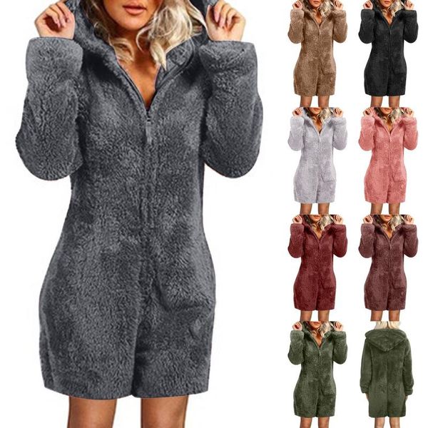

women's jumpsuits & rompers women casual hooded warm plush bodysuit winter rompe playsuits homewear sleepwear pajamas long sleeve jumps, Black;white
