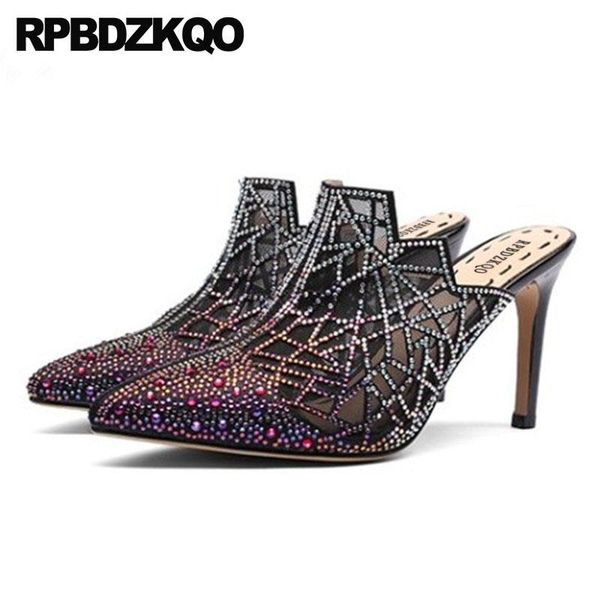 

crystal shoes diamond mules slipper mesh size 33 bling 4 34 2021 women pumps rhinestone pointed toe heels stiletto dress, Black