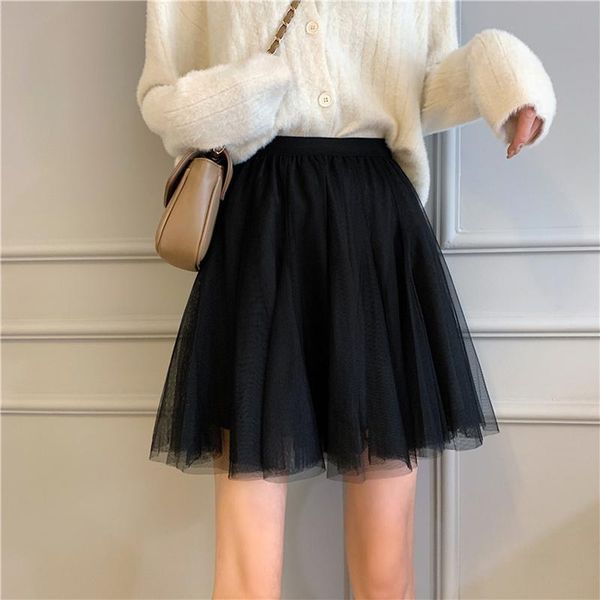

skirts 2021 summer women mini skirt vintage elastic high waist mesh black pleated tutu female faldas mujer saias jupe