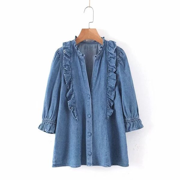 Camicia da donna Camicetta da donna in denim con balze eleganti Camicetta da jeans slim con maniche a farfalla autunnale Top da donna vintage da ufficio Blusa Taglie forti