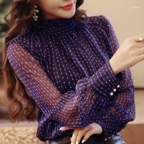 

women's blouses & shirts 2021 women transparent blouse autumn oversize o neck long sleeve white dot print solid office ladies bluzki d