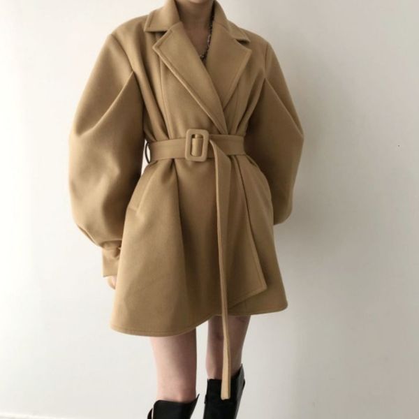 

women's wool & blends retro chic turn down collar bubble sleeve woolen coat women elegant fashion loose long female coats with bel, Black
