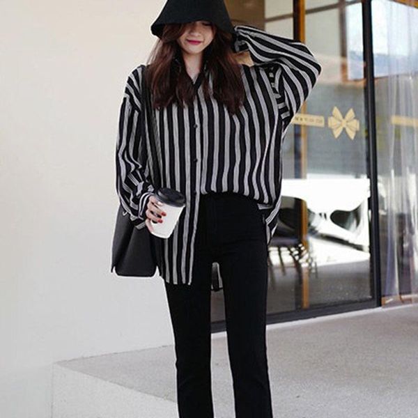 

women's blouses & shirts women striped loose chiffon blouse womens casual autumn long sleeve turn-down collar female and camisa femini, White