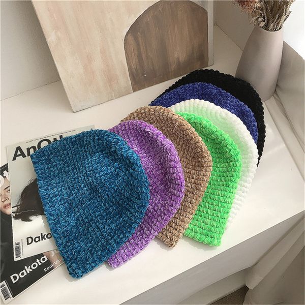 

net red ins chenille knitted fisherman's children's version versatile solid color niche bucket basin beggar's hat, Yellow