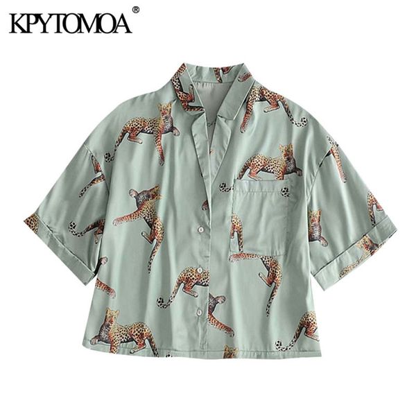 

kpytomoa women 2021 fashion two pieces sets animal print loose blouses elastic waist shorts pockets female shirts chic, White
