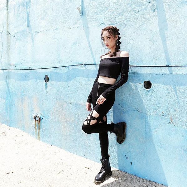 

women's pants & capris autumn women punk gothic pant leggings hollow out five-pointed star skinny casual pencil, Black;white